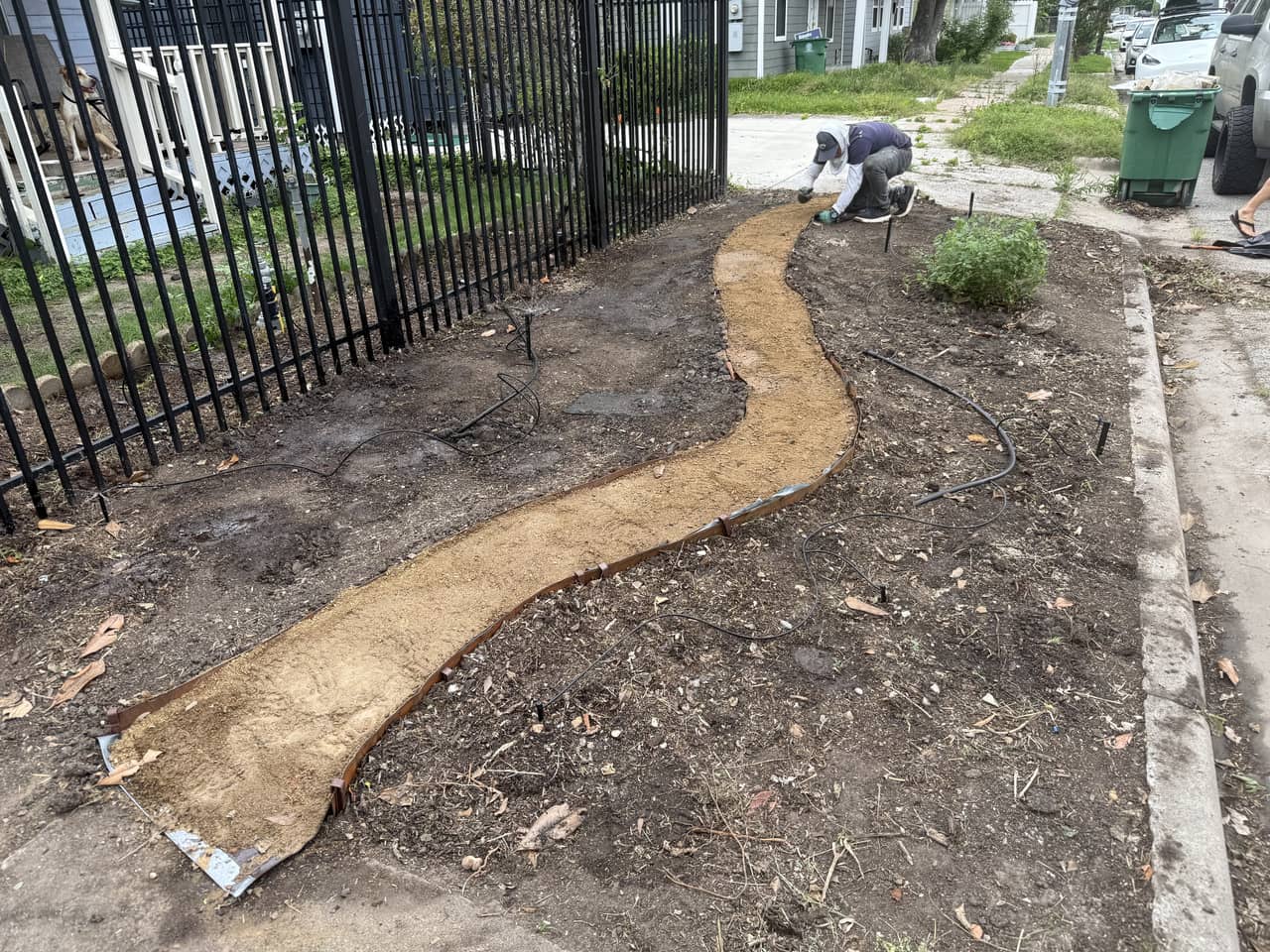 A curbside bed taking shape, a granite path curving between prepared planting areas with drip line in place