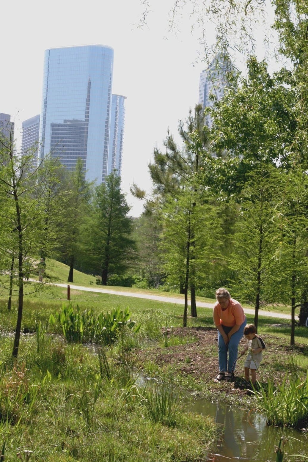 A caretaker and small child at a pond edge in a young bayou park, downtown towers beyond the trees